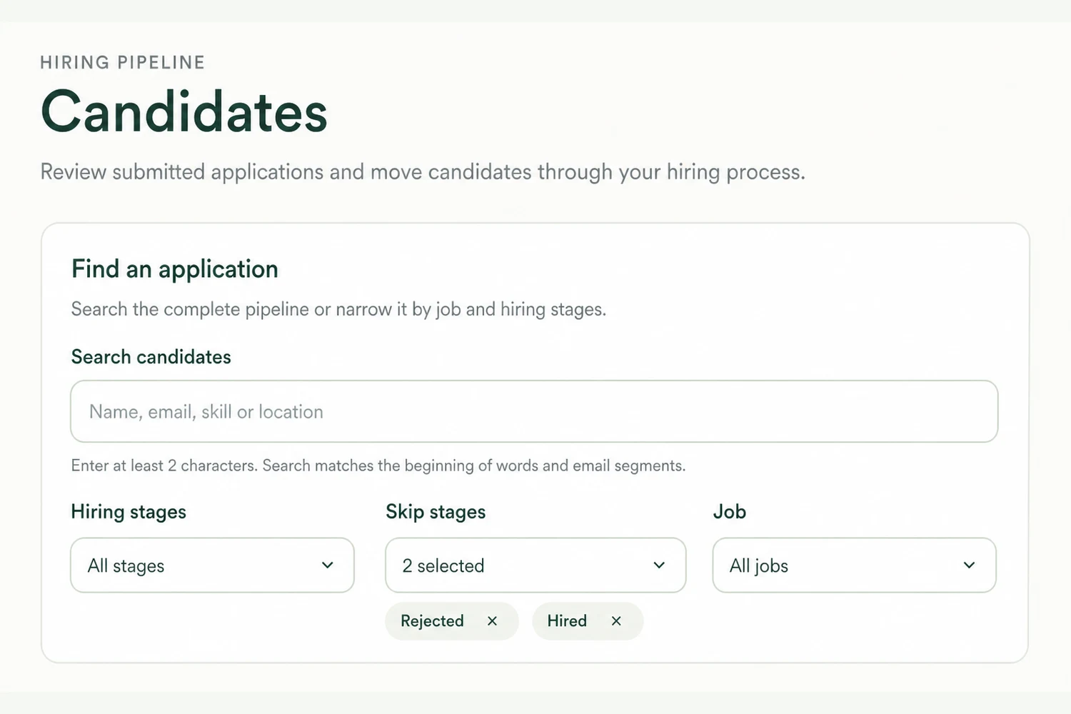 Bulbul Employers candidate directory with search, hiring stage, skipped stage, and job filters