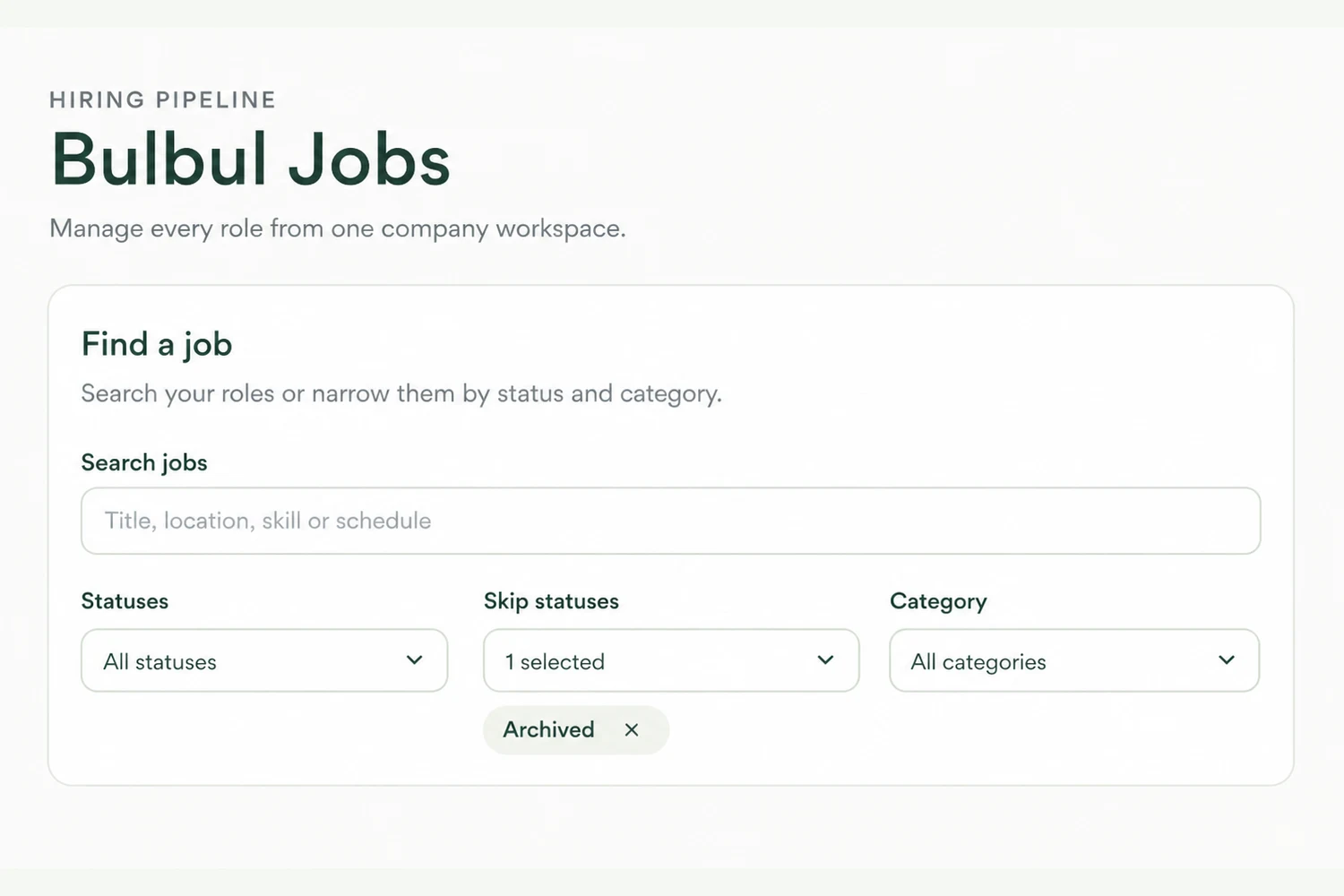 Bulbul Employers jobs directory with search, included status, skipped status, and category filters